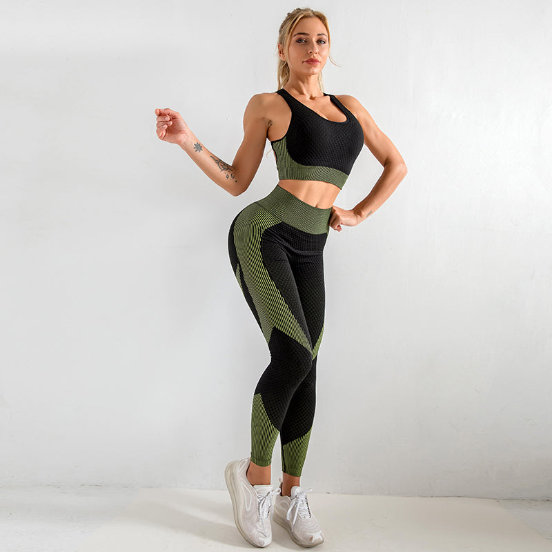 3 Pieces Yoga Gym Set Women Fitness Suit Leggings Jacket Bra in Olive Green & Black