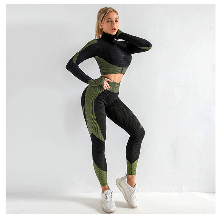 3 Pieces Yoga Gym Set Women Fitness Suit Leggings Jacket Bra in Olive Green & Black