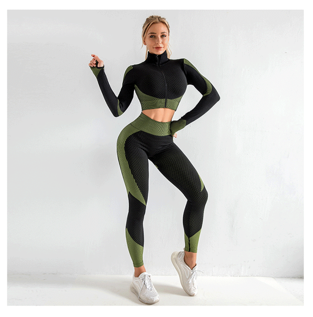 3 Pieces Yoga Gym Set Women Fitness Suit Leggings Jacket Bra in Olive Green & Black