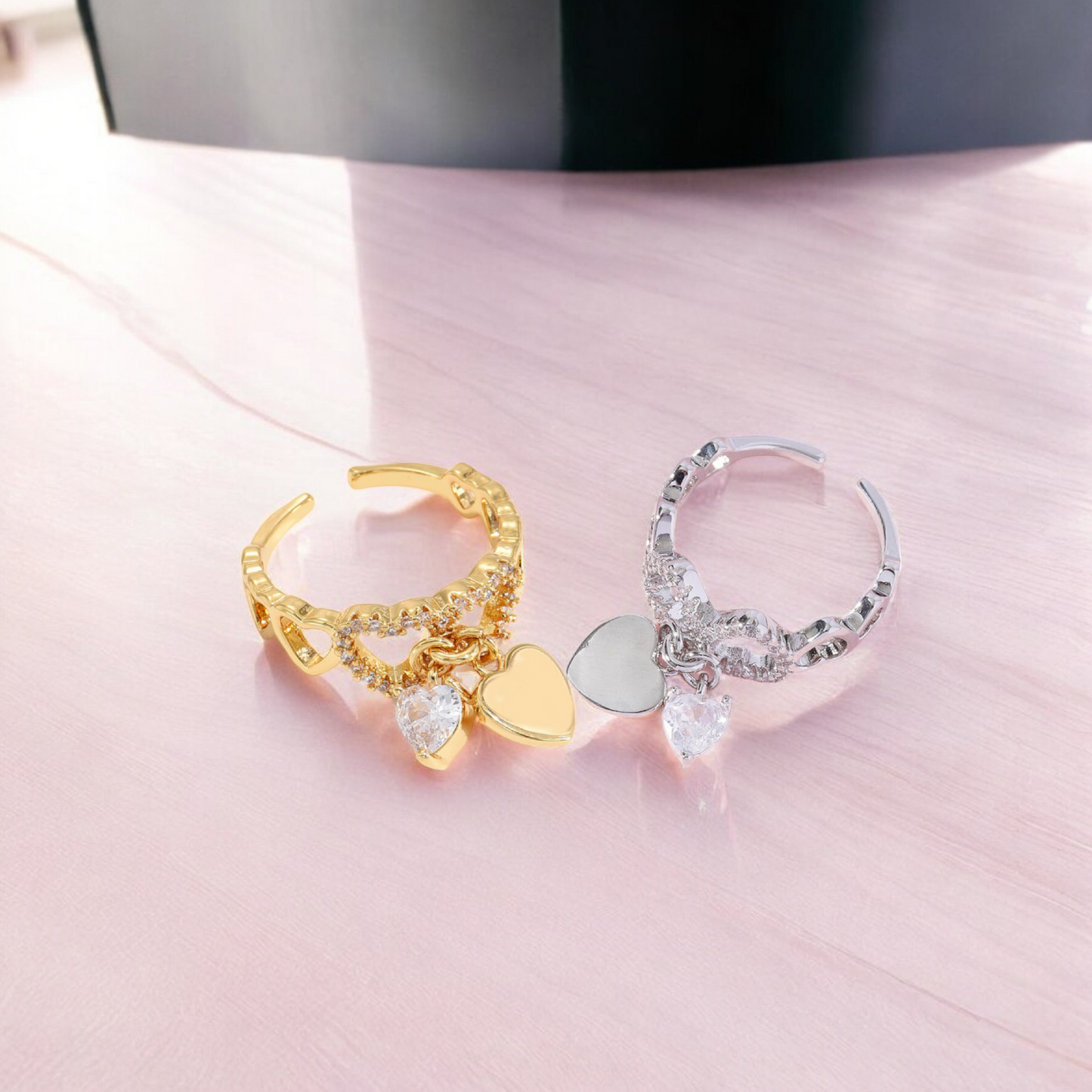 Love Heart Charm Zircon Crystal Band Open Ring Adjustable