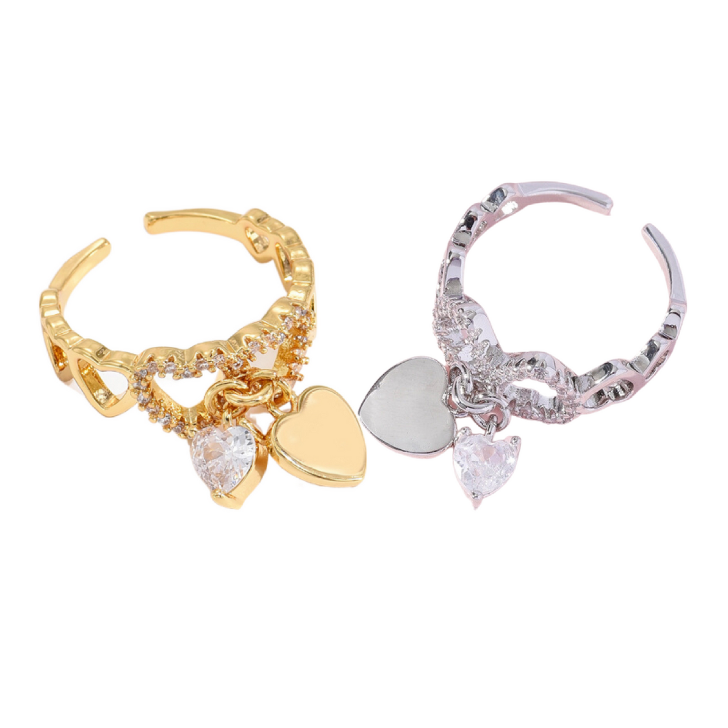 Love Heart Charm Zircon Crystal Band Open Ring Adjustable