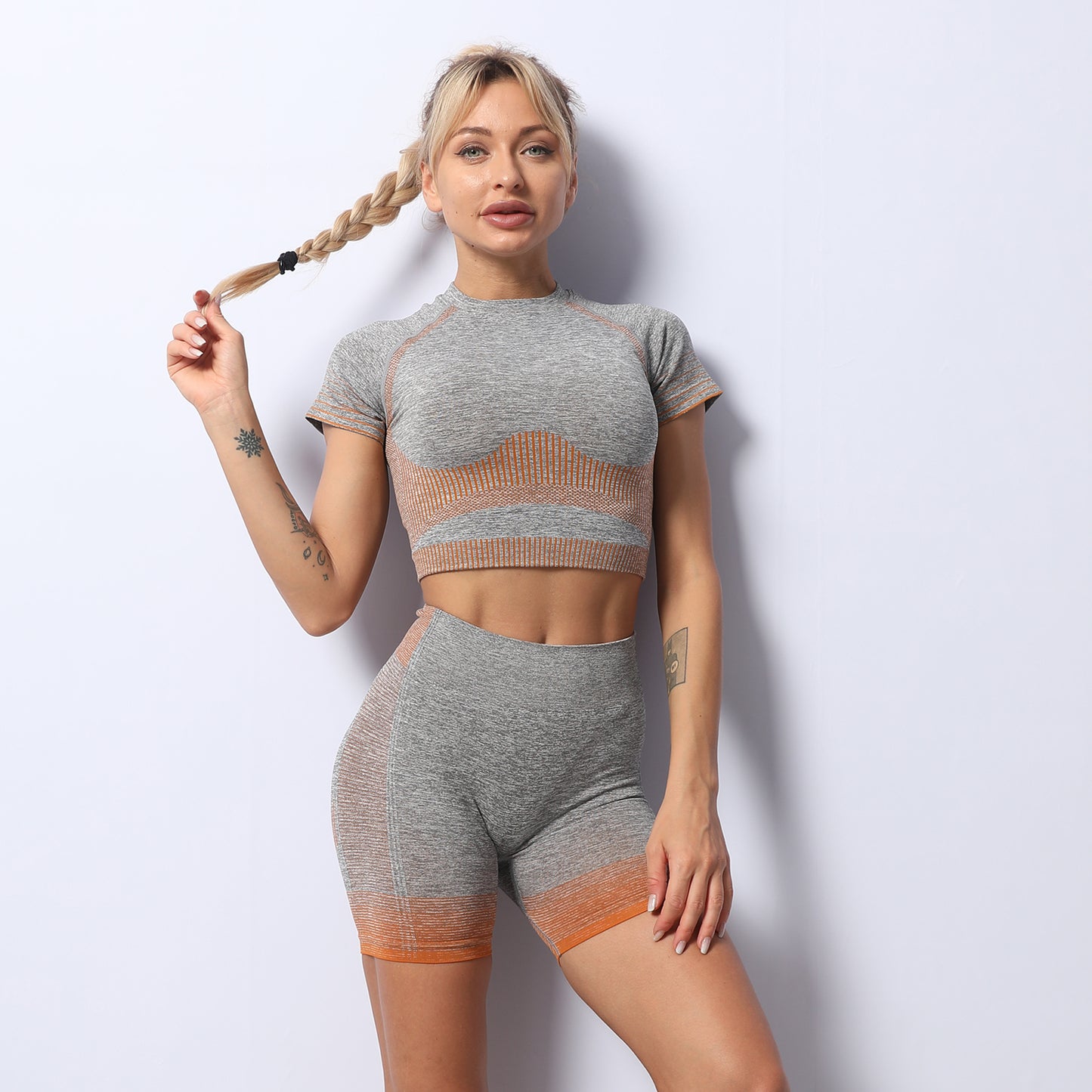 Seamless High Quality Stretchy Yoga Activewear Gym Top & Short Legging Suit 2 Pcs Set -Orange and Grey