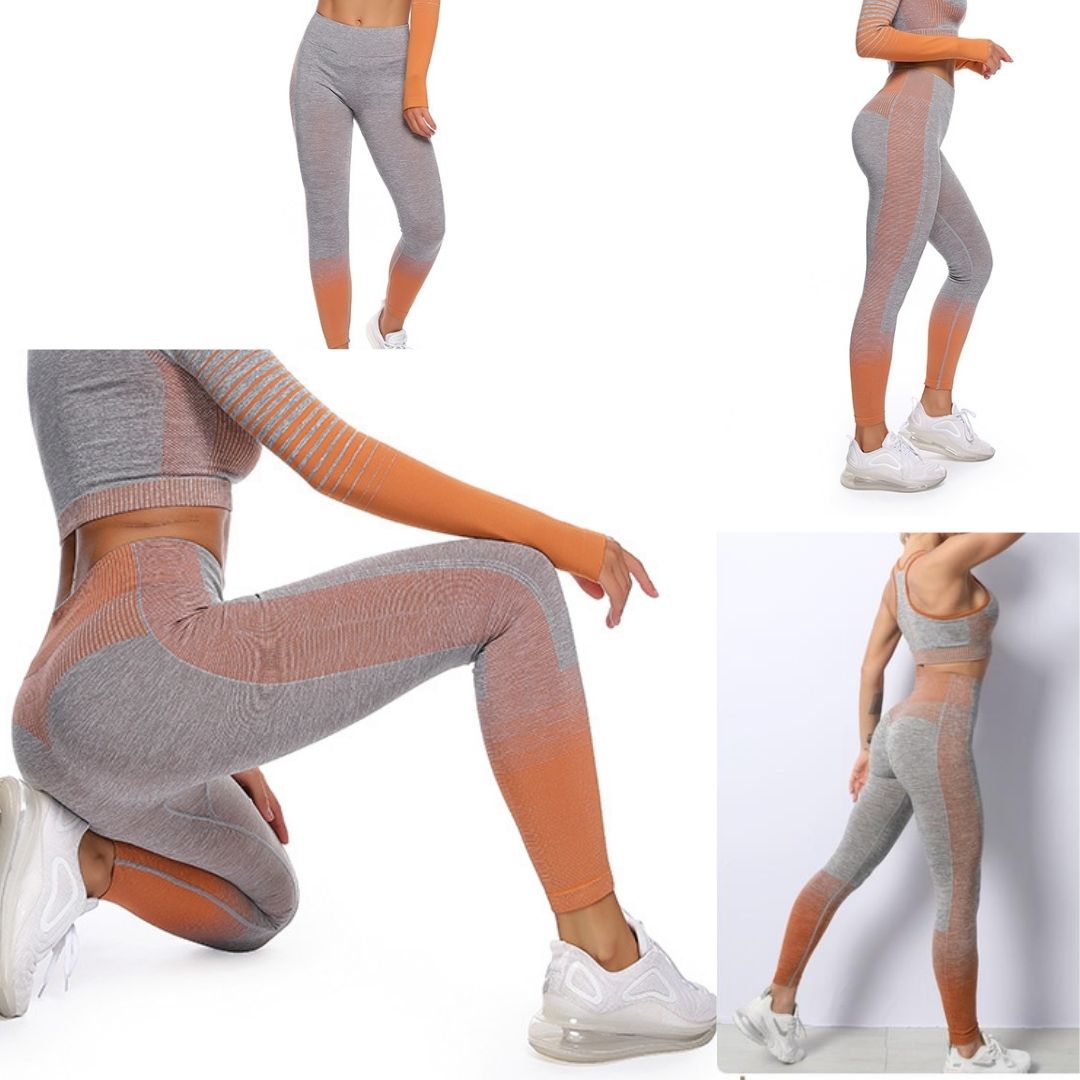 Seamless High Quality Stretchy Yoga Activewear Gym Top & Short Legging Suit 2 Pcs Set -Orange and Grey