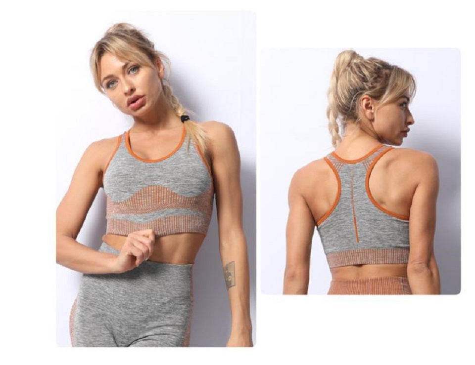 Seamless High Quality Stretchy Yoga Activewear Gym Bra & Legging Suit 2 Pcs Set -Orange and Grey