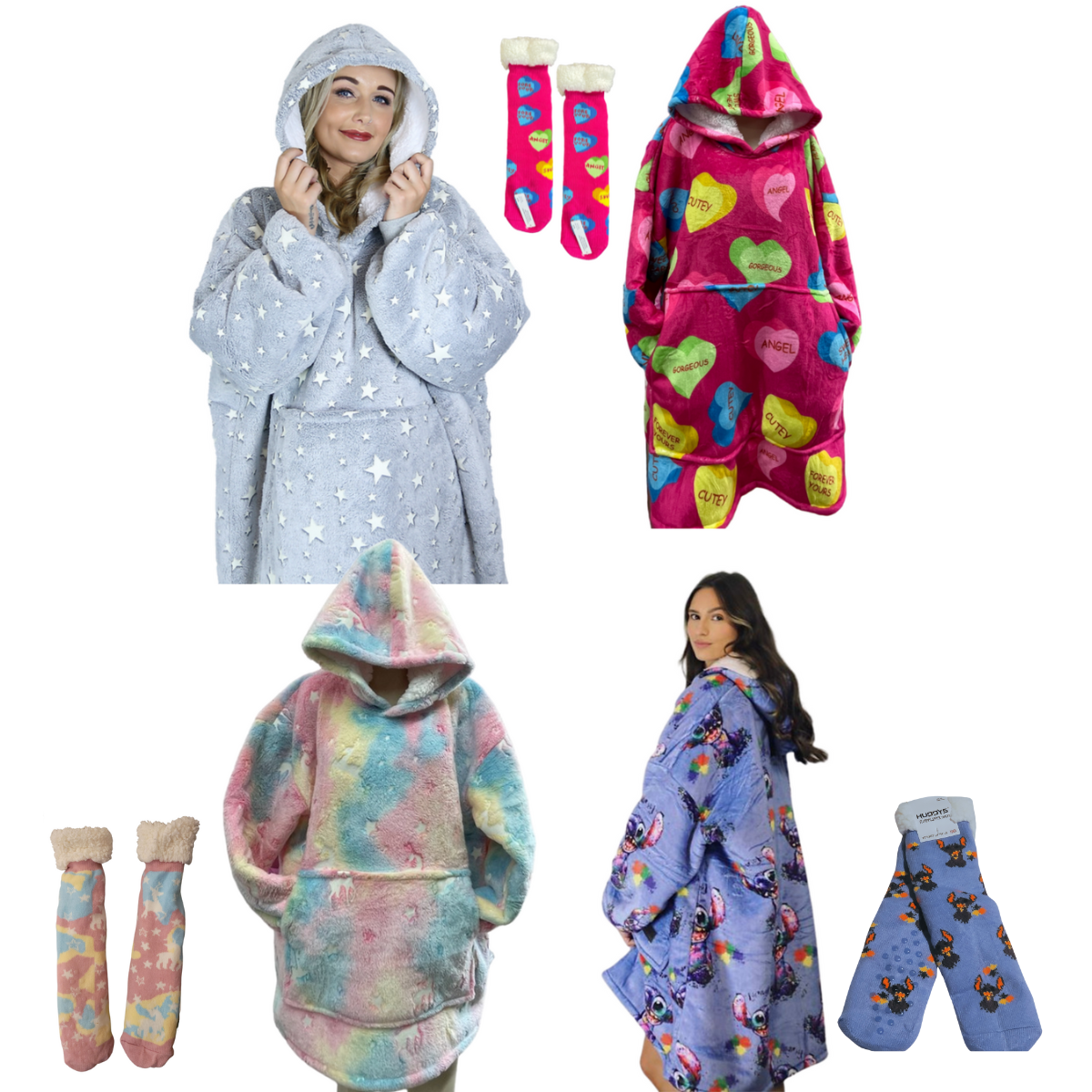 Oversized Reindeer Family Hoodies and Footsie Slipper Socks Set Keep Warm Blanket