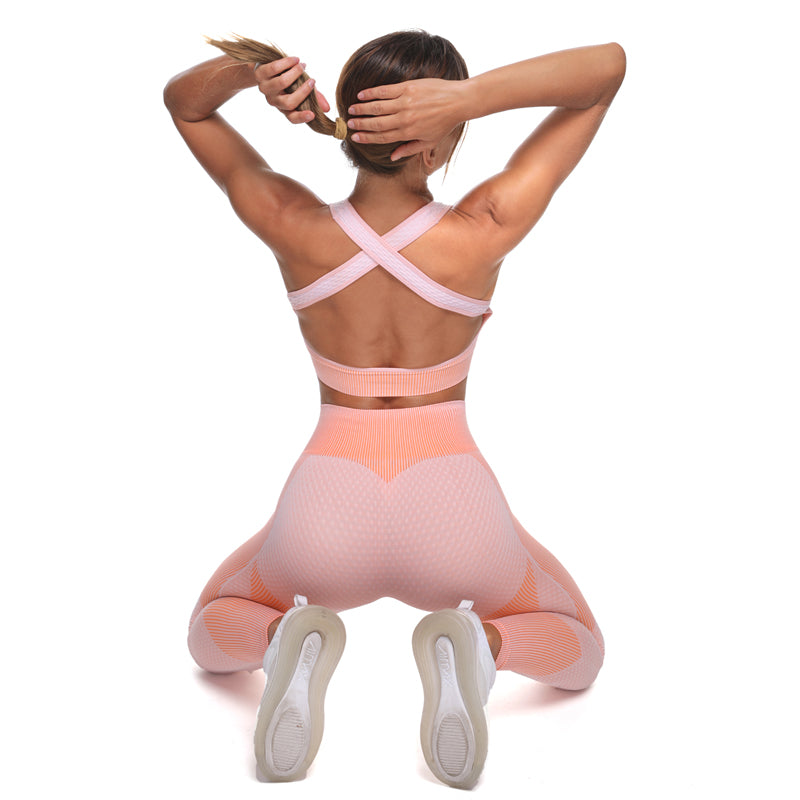 3 Pieces Yoga Gym Set Women Fitness Suit Leggings Jacket Bra in Peach