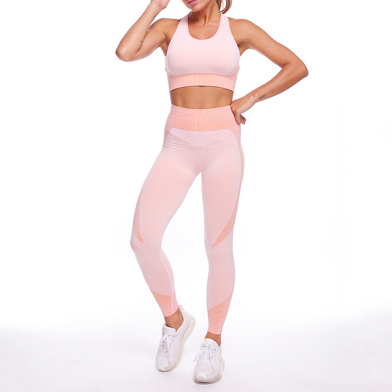 3 Pieces Yoga Gym Set Women Fitness Suit Leggings Jacket Bra in Peach