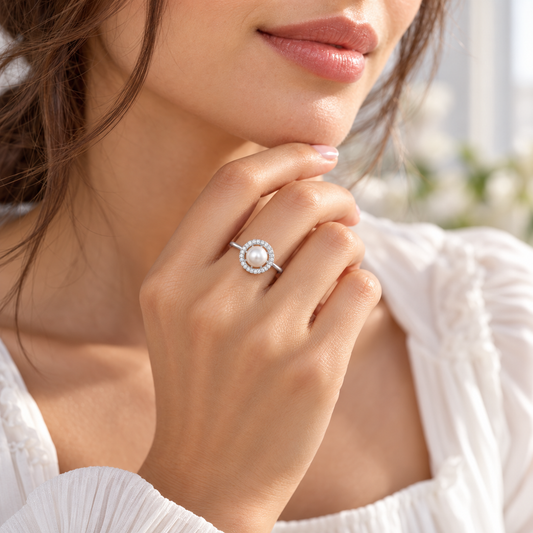S925 Sterling Silver Freshwater Pearl C/Z Halo Open Adjustable Ring