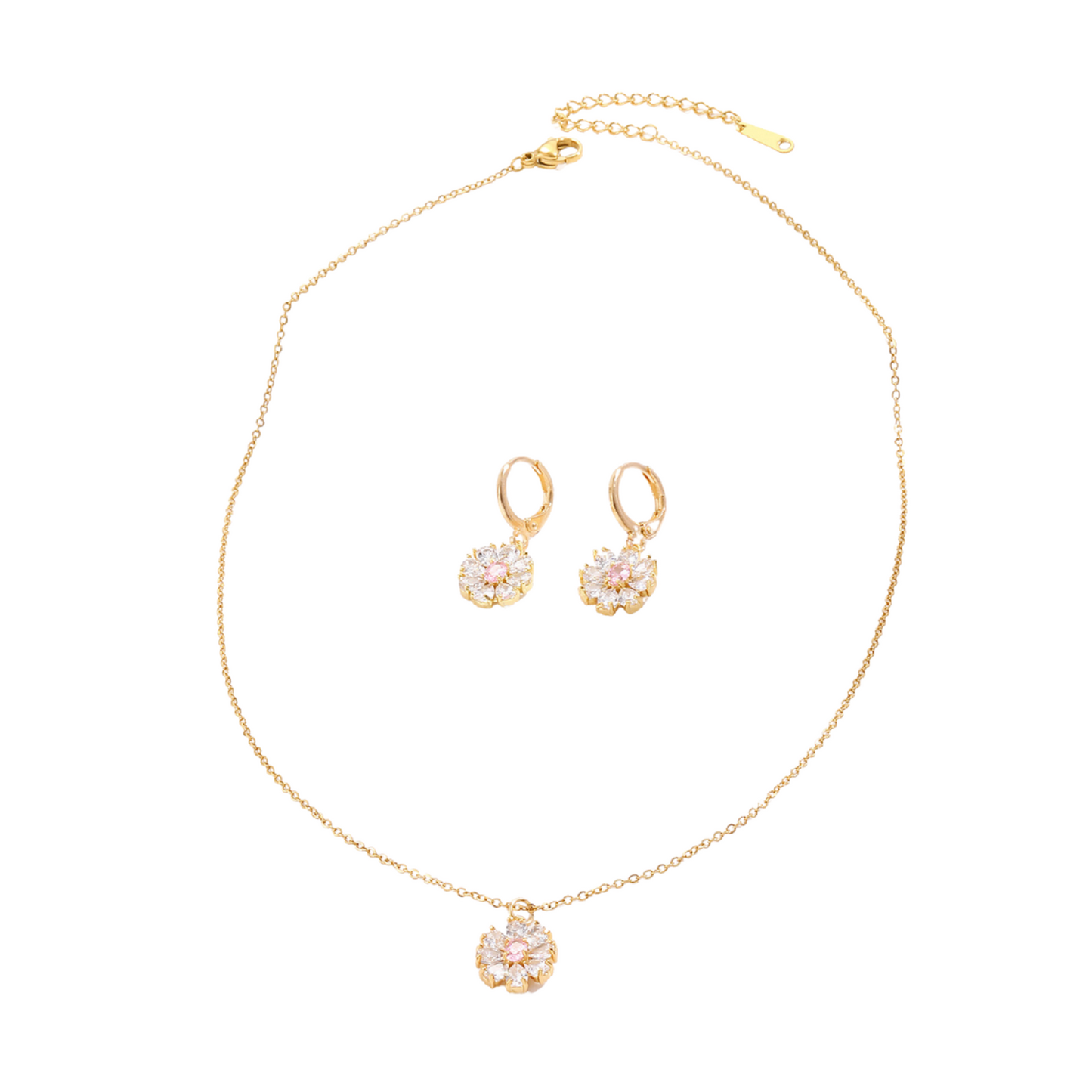 Flower Zircon Crystals Necklace and Huggies Earring Gold Tone 2 Pcs Jewellery Set