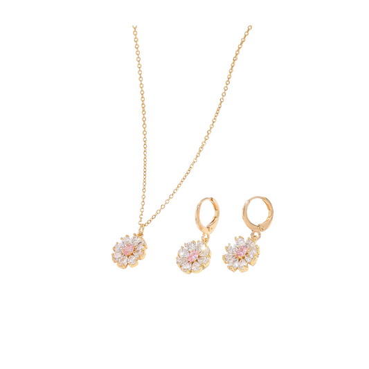 Flower Zircon Crystals Necklace and Huggies Earring Gold Tone 2 Pcs Jewellery Set