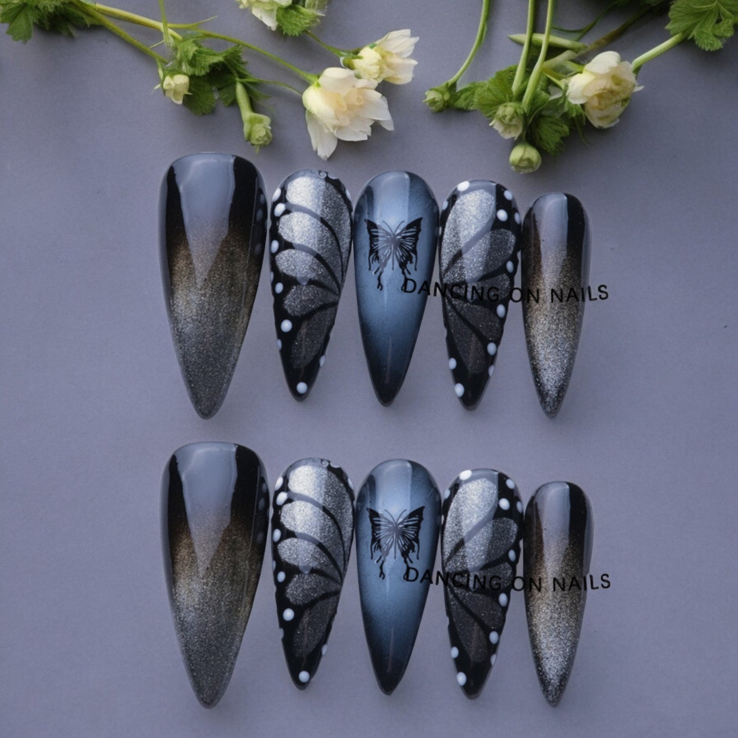 Dark Bufferfly Long Stilleto Handmade Press on Nails