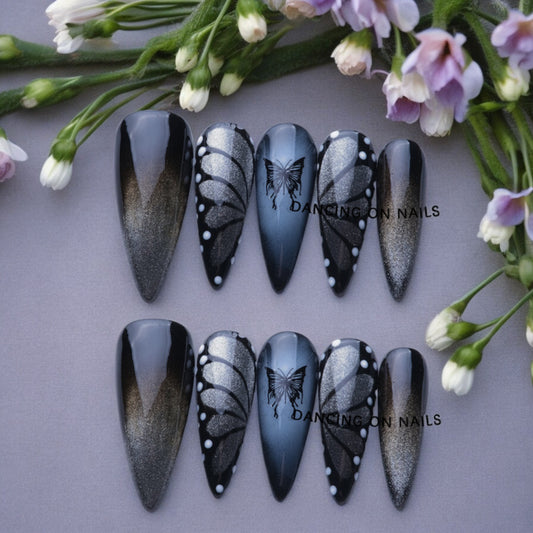 Dark Bufferfly Long Stilleto Handmade Press on Nails