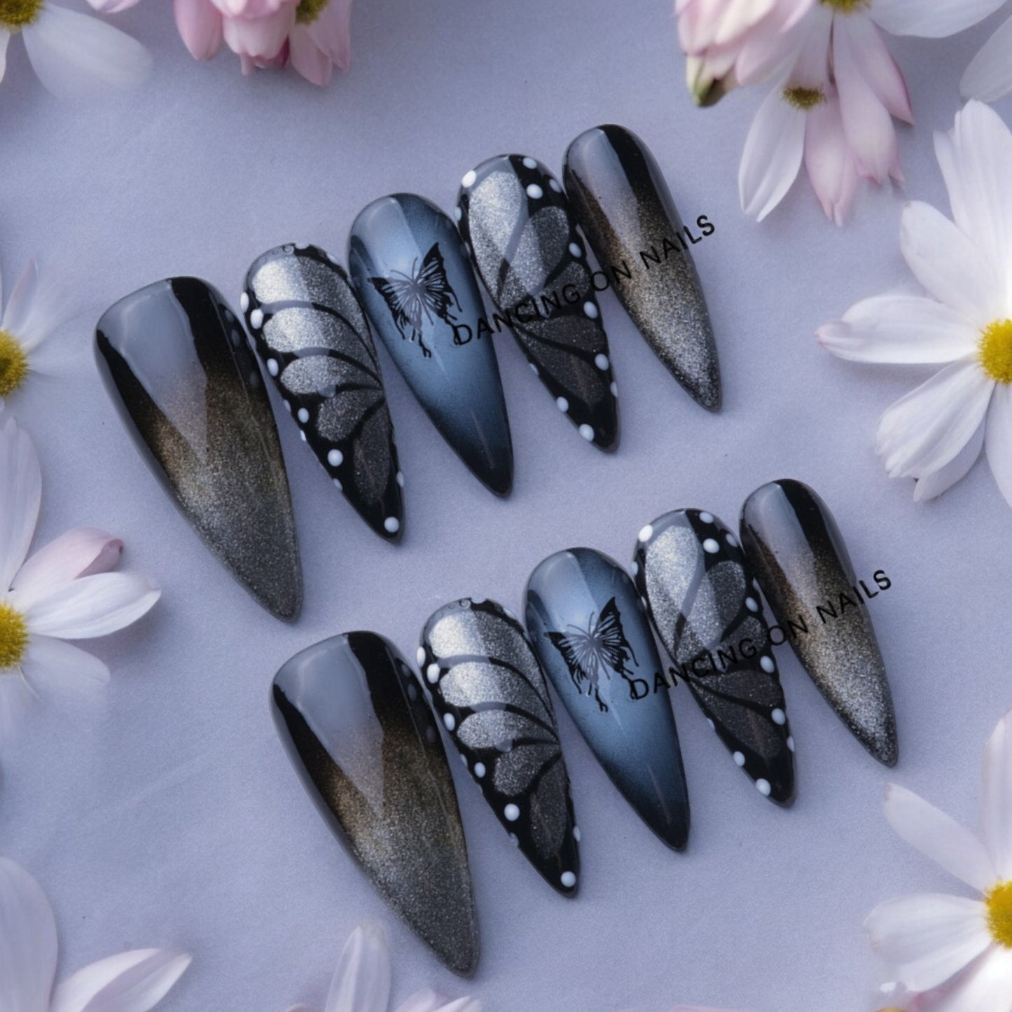 Dark Bufferfly Long Stilleto Handmade Press on Nails