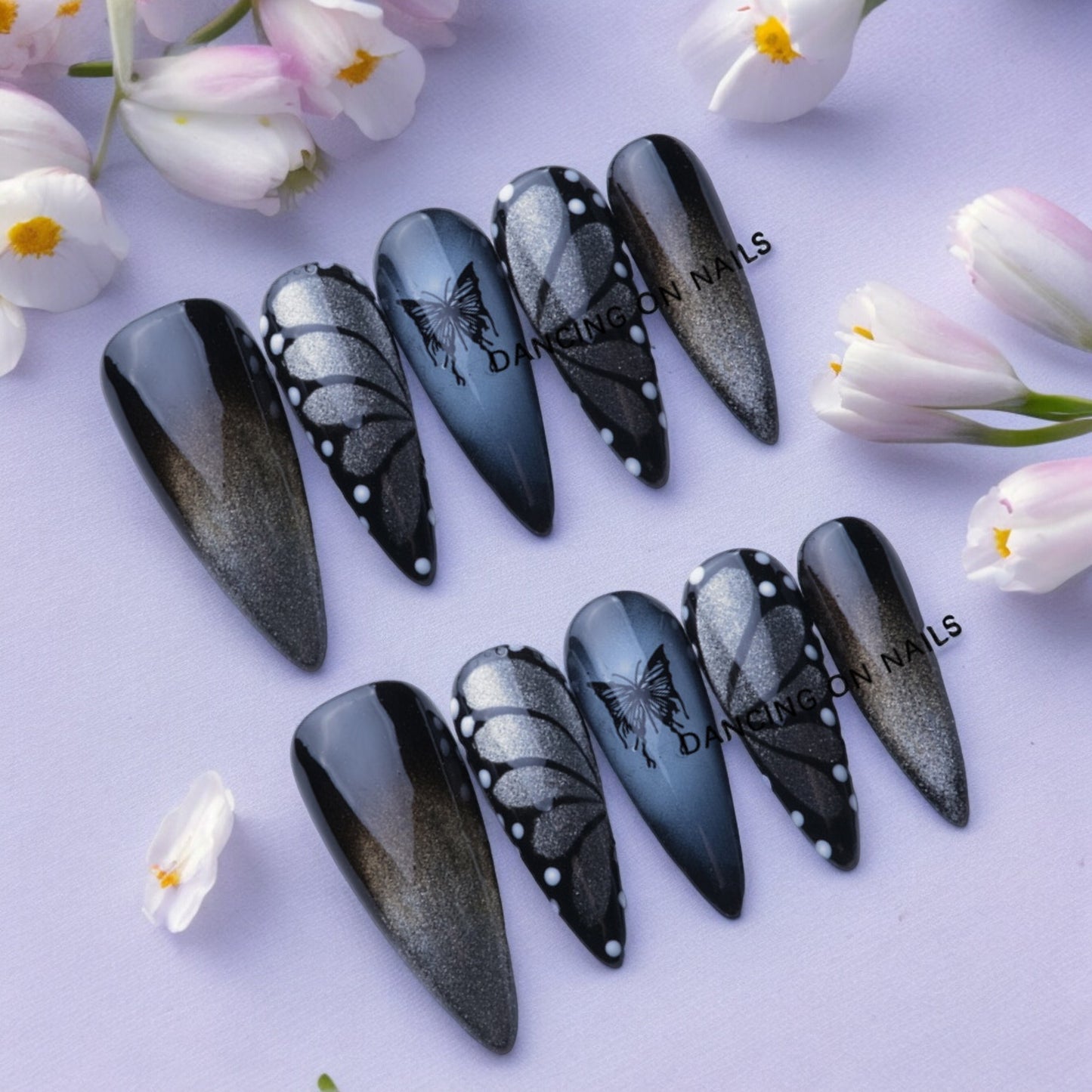 Dark Bufferfly Long Stilleto Handmade Press on Nails