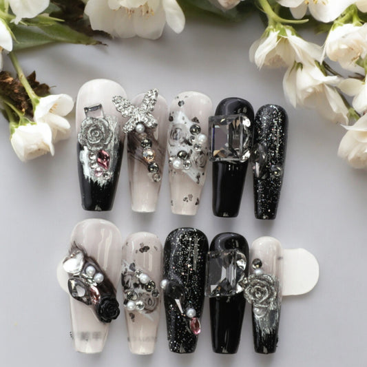 Gothic Rose Handmade Long Coffin Press on Nail