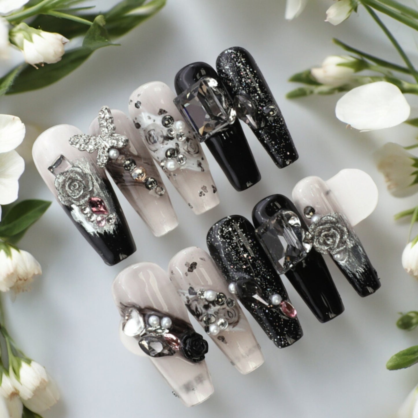 Gothic Rose Handmade Long Coffin Press on Nail