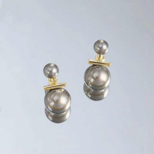 Women Double Grey Round Pearl Stud Earrings