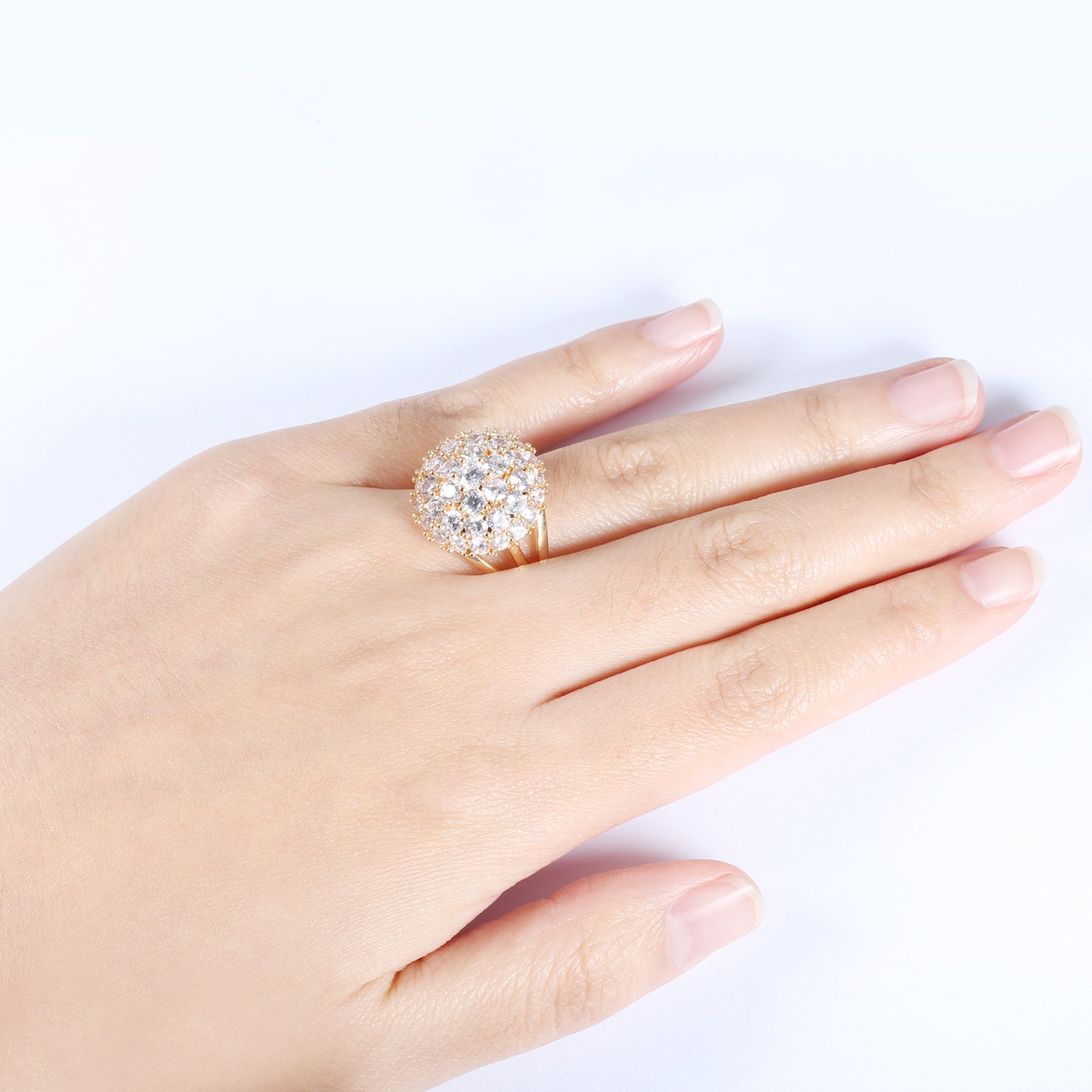 Gold Tone Plated Cluster Round Clear Crystal Ring