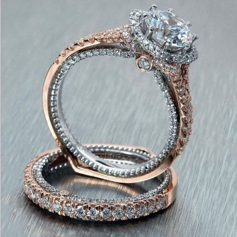 Rosegold Tone Double Ring Set with Clear Crystals
