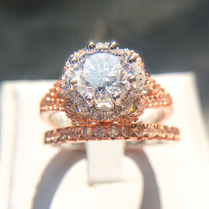 Rosegold Tone Double Ring Set with Clear Crystals