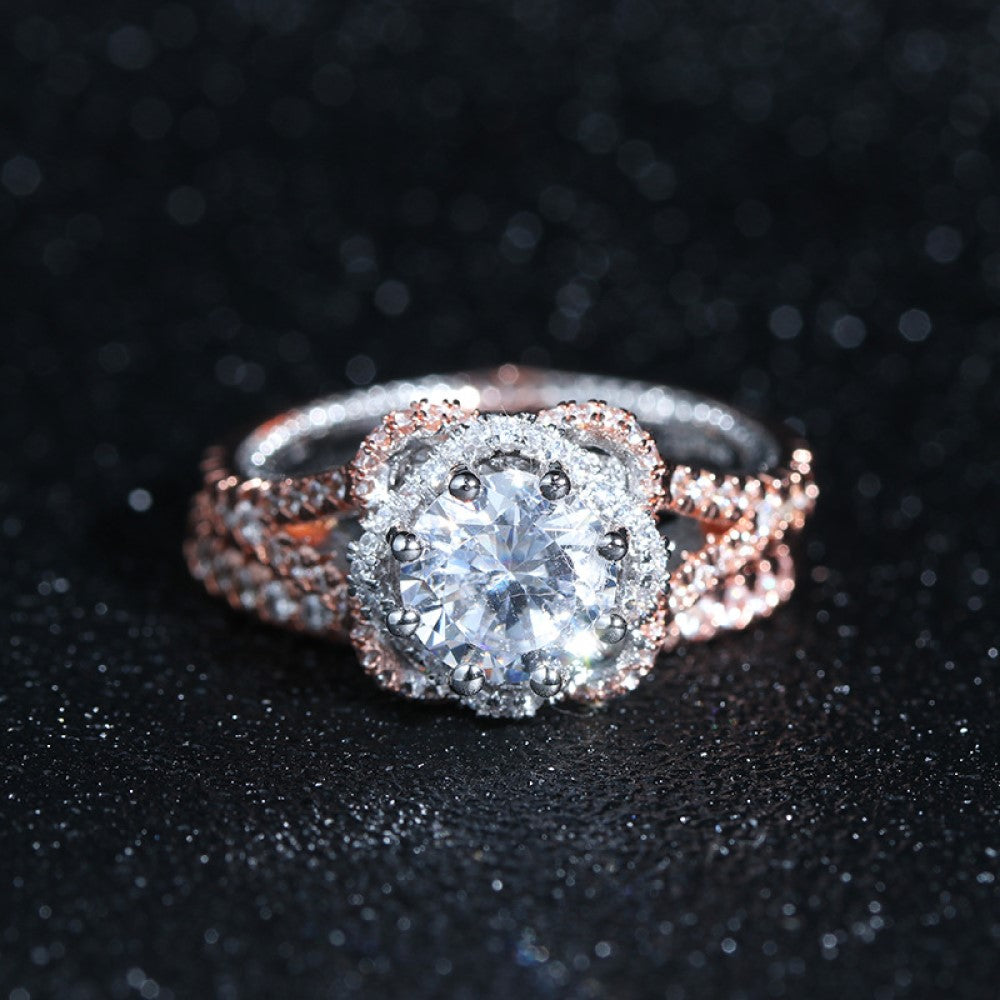 Rosegold Tone Double Ring Set with Clear Crystals