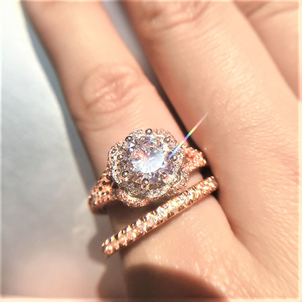 Rosegold Tone Double Ring Set with Clear Crystals