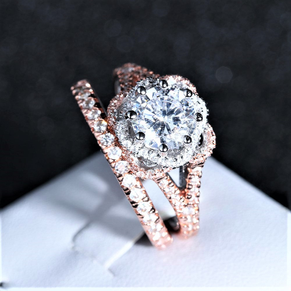Rosegold Tone Double Ring Set with Clear Crystals
