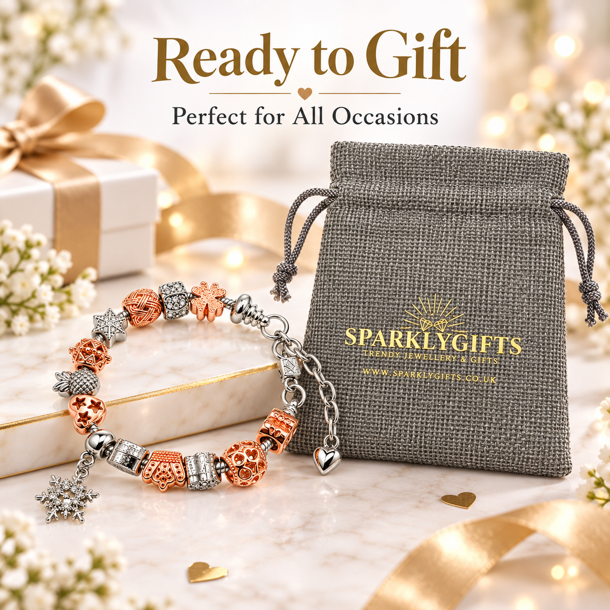 Winter Wonderland Rose & Silver-Plated Charm Bracelet with 12 Beads and Snowflake Charm Pendant