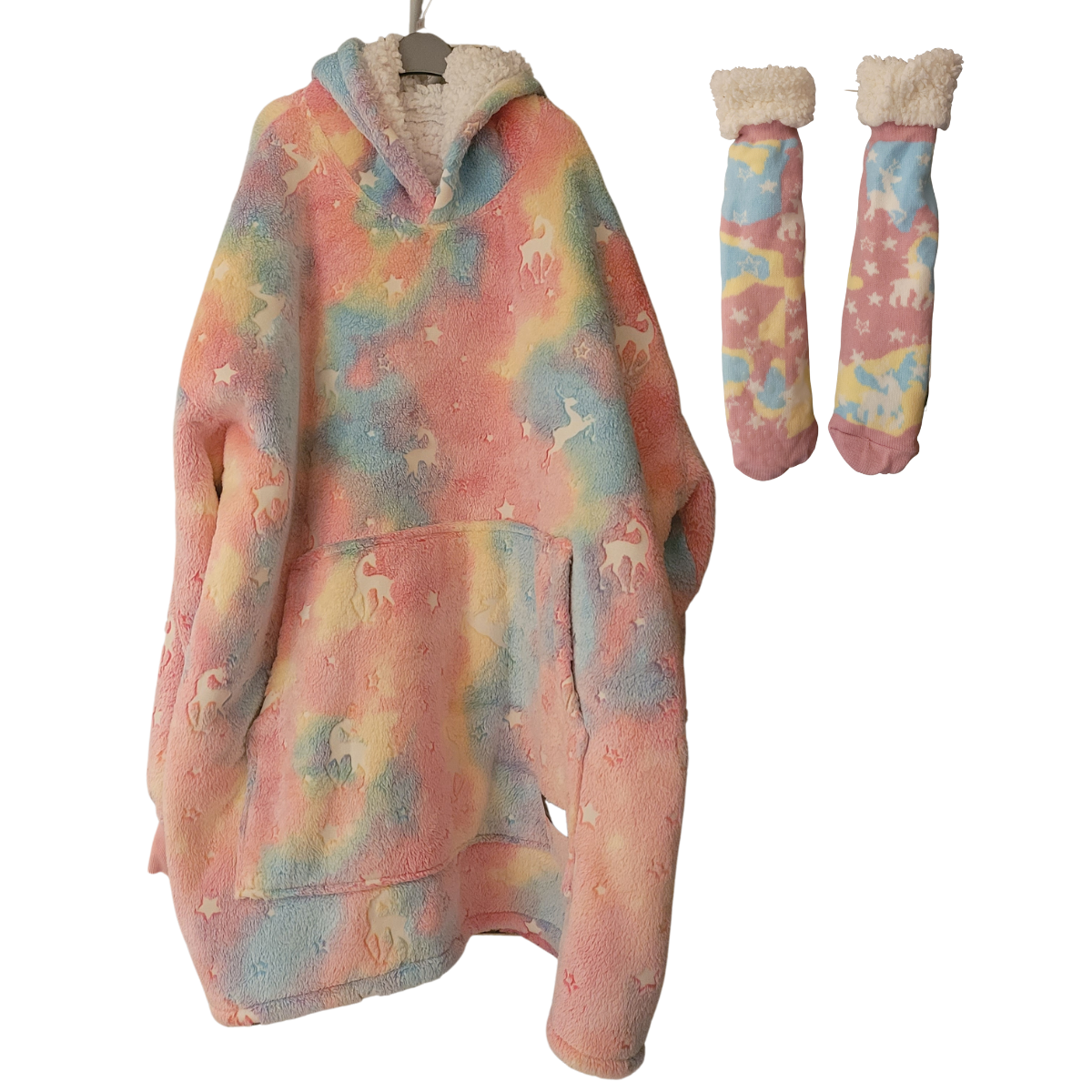 Oversized Reindeer Family Hoodies and Footsie Slipper Socks Set Keep Warm Blanket