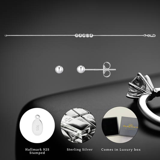 Sterling Silver Five 5mm Beads Bracelet and 3mm Ball Stud Earrings Set