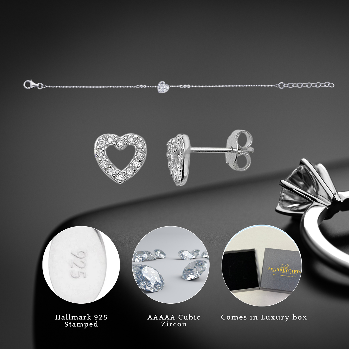 Sterling Silver Cubic Zirconia 7mm Heart Bracelet and Stud Earrings Set