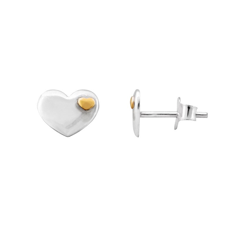 Sterling Silver Gold Plated Two Tone 10mmx7mm Heart Stud Earrings