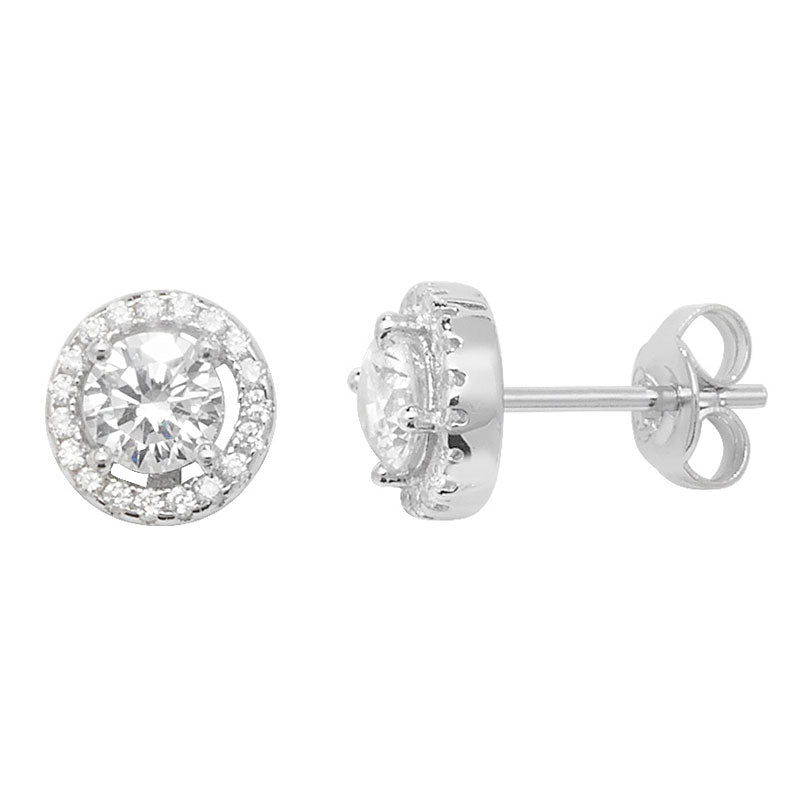 Sterling Silver Cubic Zirconia Rhodium Plated Classic 7mm x 6mm Halo Stud Earrings