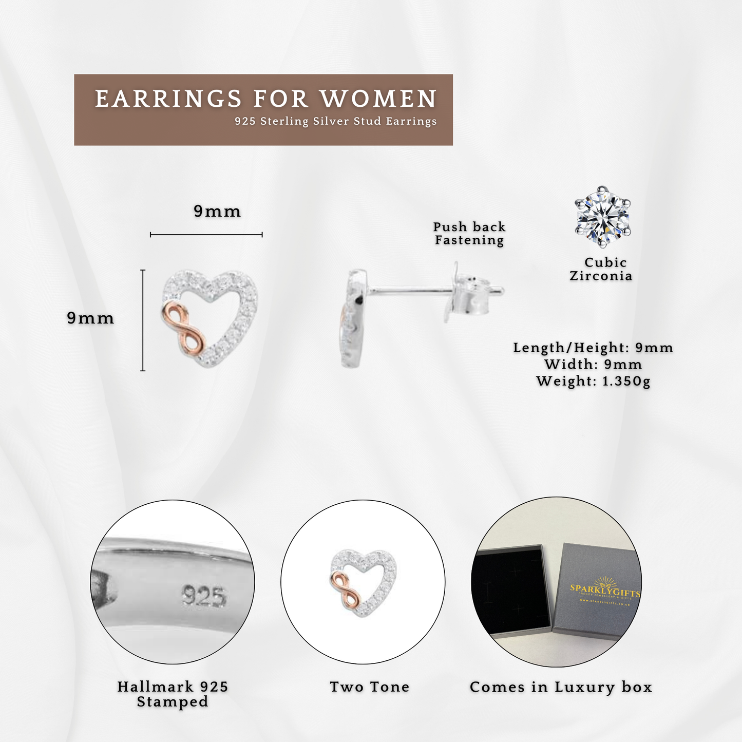 Sterling Silver Cubic Zirconia Two Tone Heart Affinity Stud Earrings