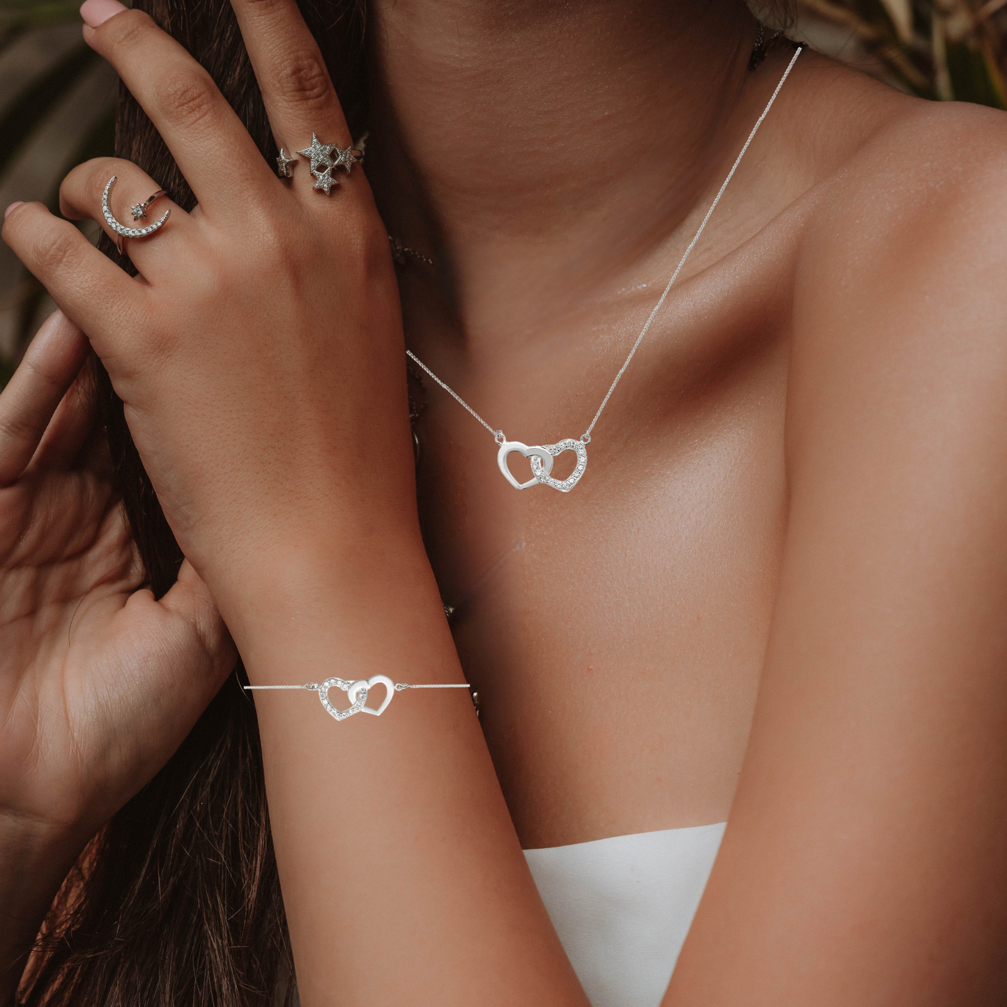 Sterling Silver Cubic Zirconia Interlinked Heart Necklace and Bracelet Set
