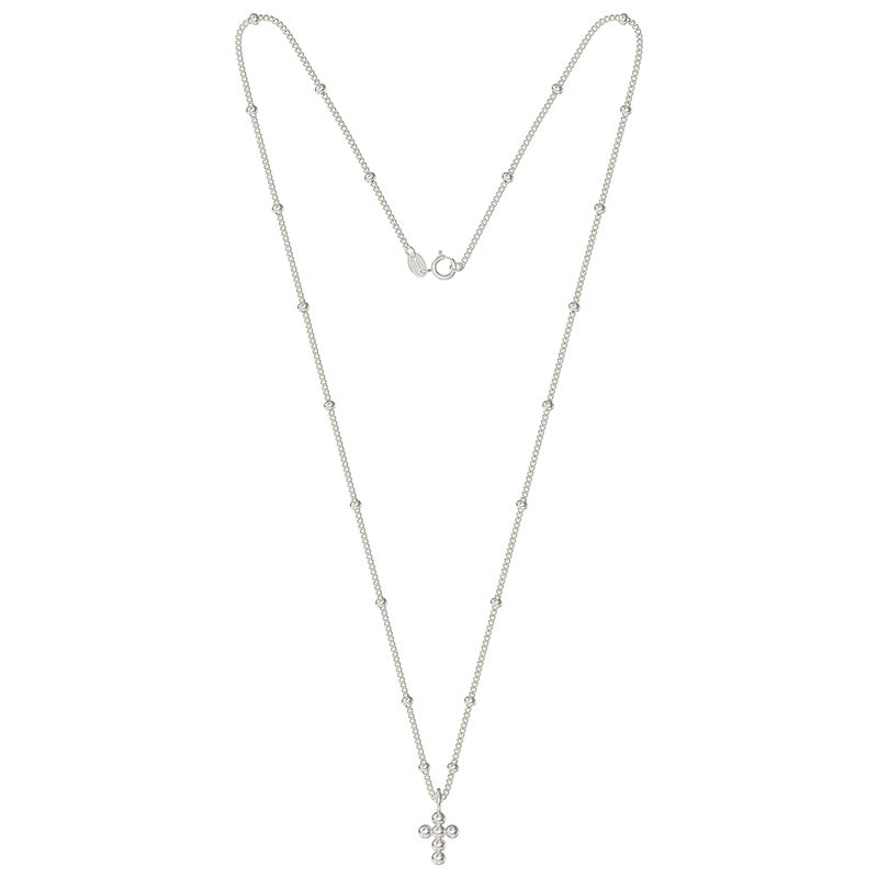 Sterling Silver Beaded Curb Chain With Cross Necklace
