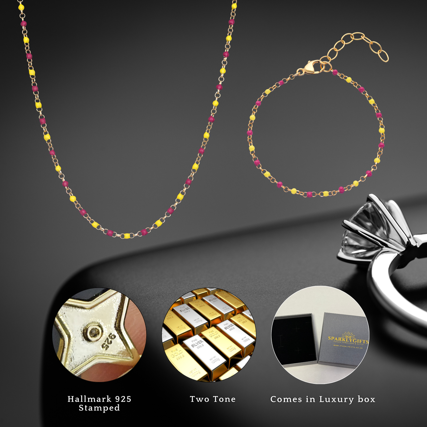 Sterling Silver Gold Plated Enamel Red and Yellow Beaded Necklace and Bracelet Set for Children