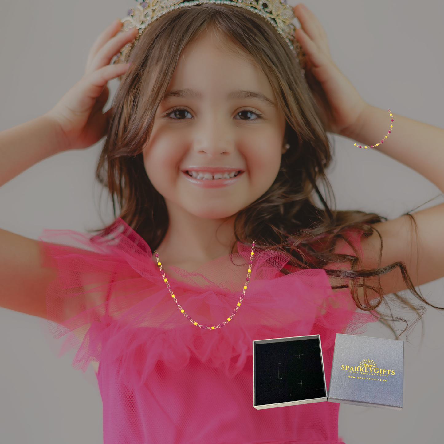 Sterling Silver Gold Plated Enamel Red and Yellow Beaded Necklace and Bracelet Set for Children