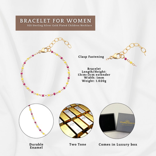 Sterling Silver Gold Plated Enamel Red and Yellow Beaded Bracelet 160mm Length S925 with Hallmark