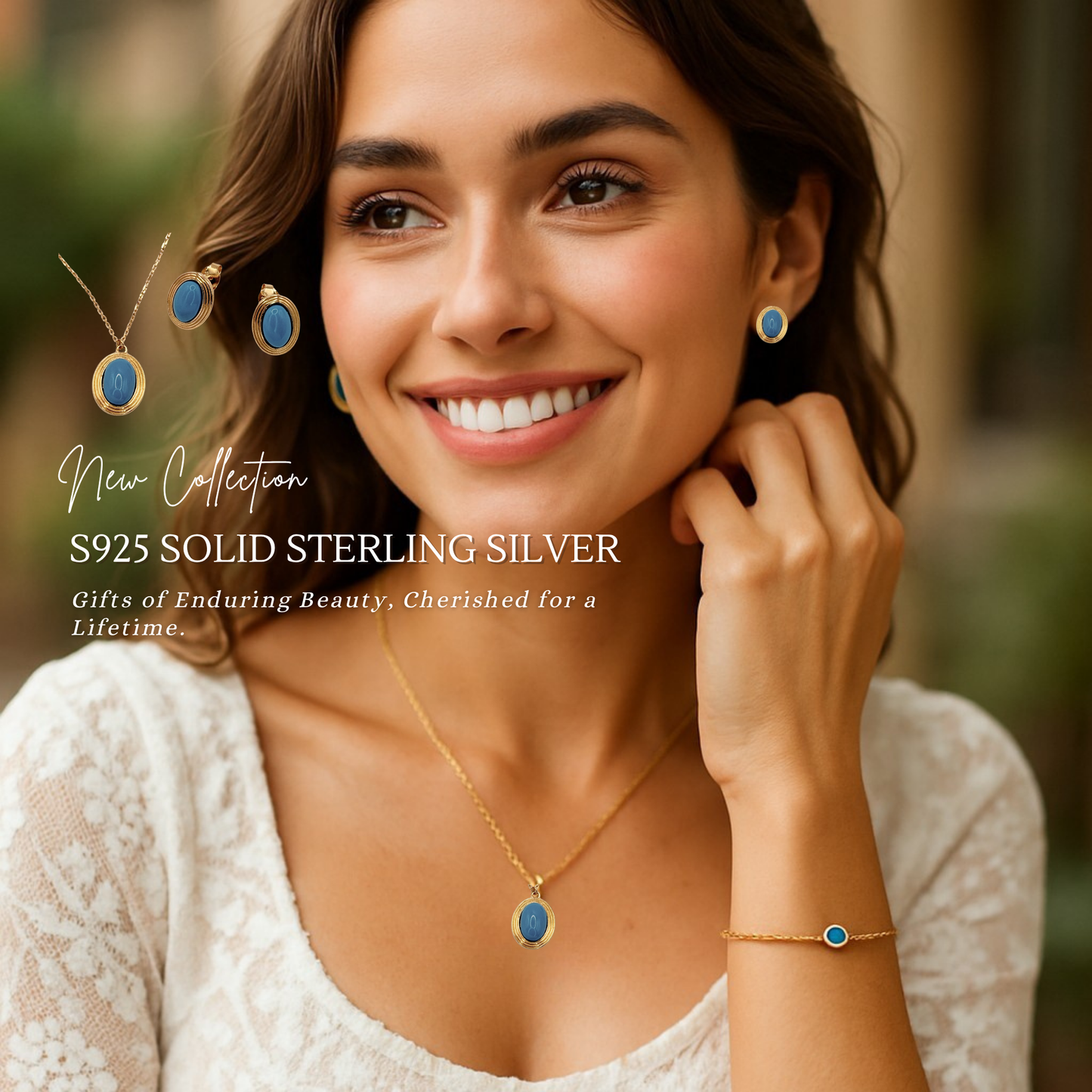 S925 Sterling Silver Golden Azure Necklace & Earrings Jewellery Set
