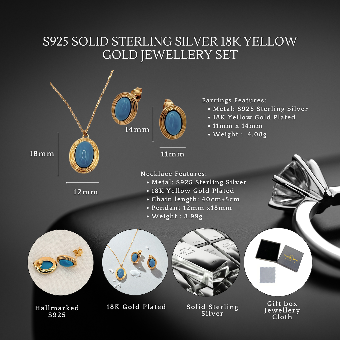 S925 Sterling Silver Golden Azure Necklace & Earrings Jewellery Set