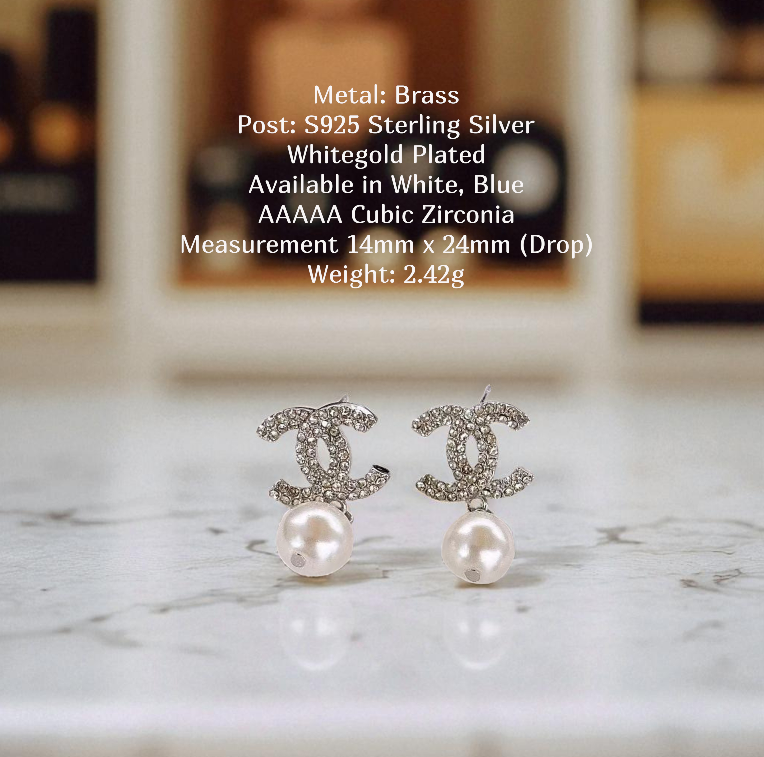 Pave CC & Pearl Drop Earrings Sterling Silver Post Earrings