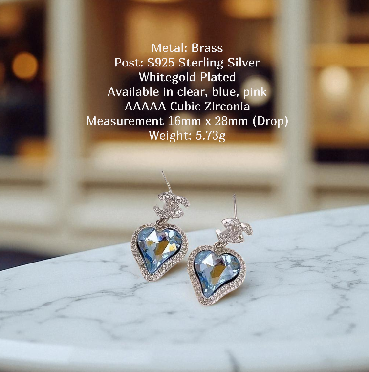 Crystal Heart Designer Logo Dangles Sterling Silver Post Earrings