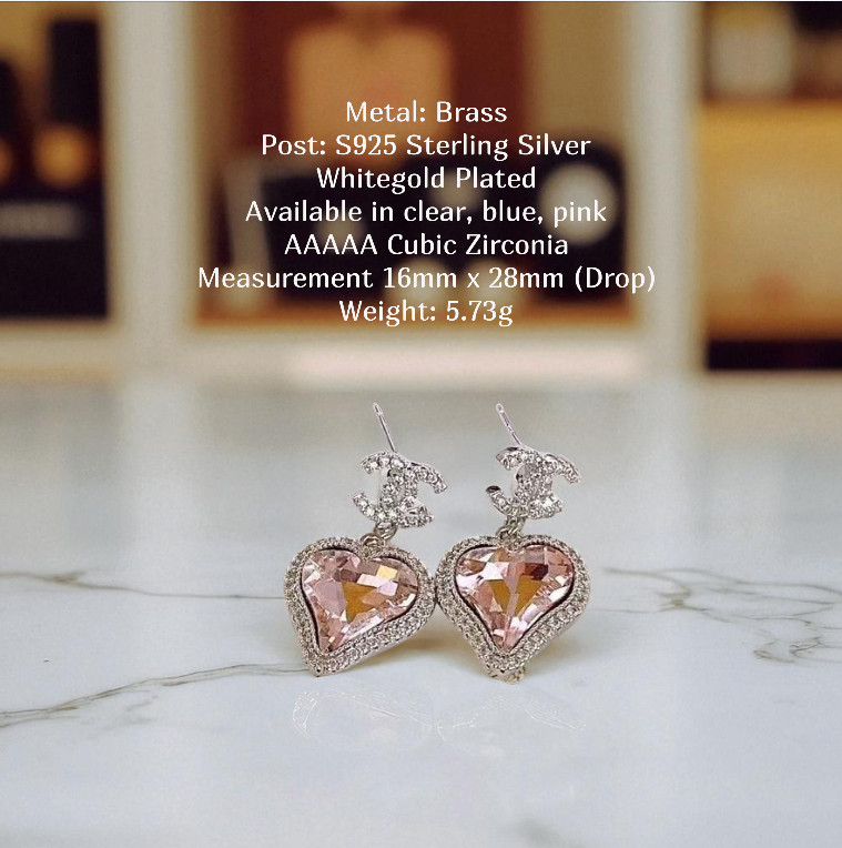 Crystal Heart Designer Logo Dangles Sterling Silver Post Earrings
