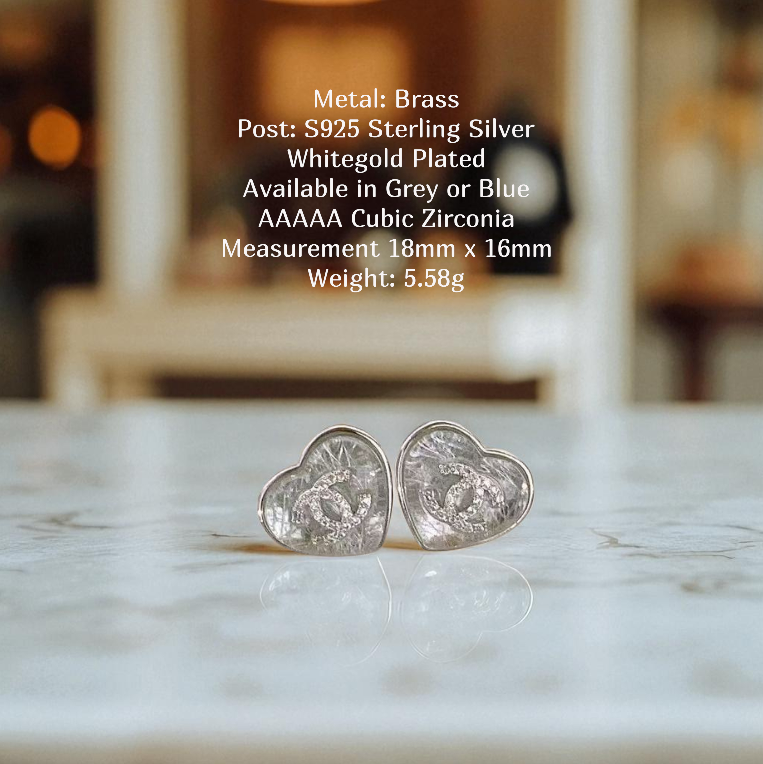 Textured Heart & Crystal Logo Studs Sterling Silver Post Earrings