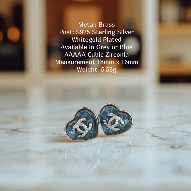 Textured Heart & Crystal Logo Studs Sterling Silver Post Earrings