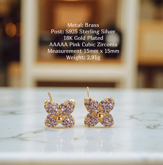 Amethyst Hued Clover Pave Stud Earrings Sterling Silver Post Earrings