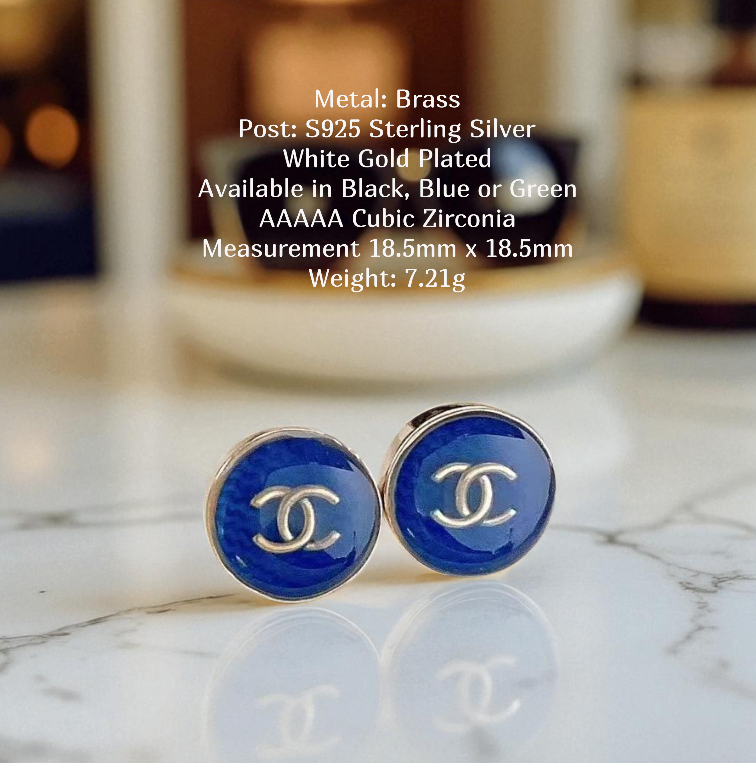 Glossy Round CC Studs Sterling Silver Post Earrings