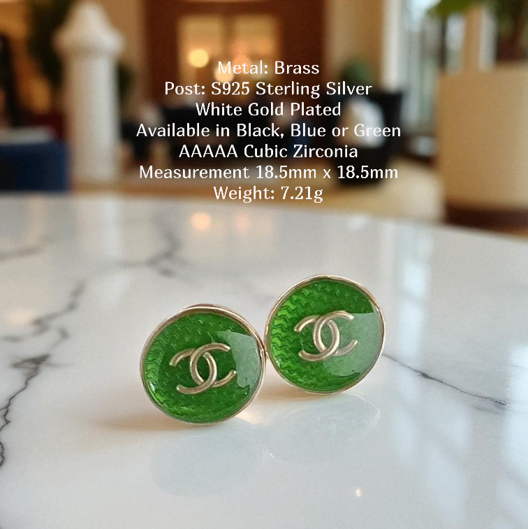 Glossy Round CC Studs Sterling Silver Post Earrings