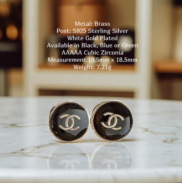 Glossy Round CC Studs Sterling Silver Post Earrings